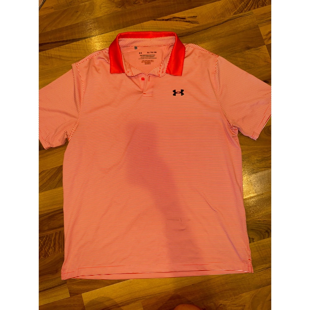 Under Armour Polo Shirt Mens XL Orange Good Striped HeatGear Performance Loose